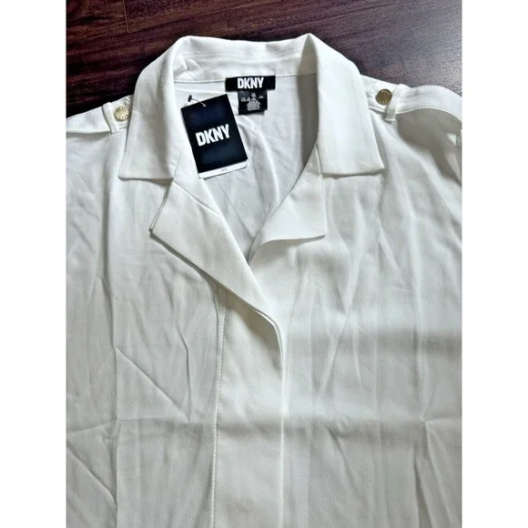 DKNY Women's Extended-Shoulder Camp Buttoned epaulets Blouse Top Ivory PXL - Picture 7 of 8